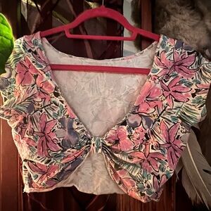 Vintage Floral Knot-Front Crop Top